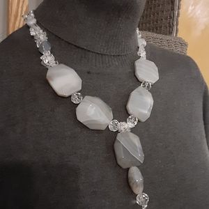 Genuine Banded Agate Necklace- Adjustable- Grey/ White